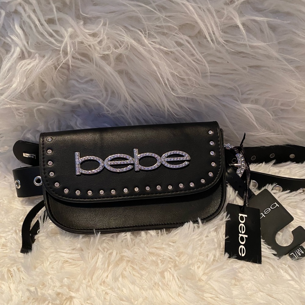 BEBE Black Leather & Swarovski Crystals Purse Belt